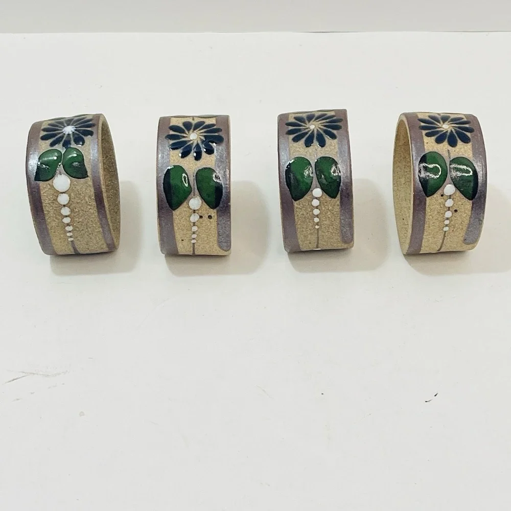 Mexican Tonala Pottery Napkin Rings Flower Rust Green Leaves  - Set‎ of 4